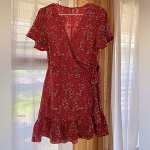 Red Ditsy Floral Wrap Mini Dress